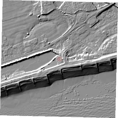 Shaded relief map of the ground around BN435LS, computed from Environment Agency LiDAR. The ground here sits at about 4 m above sea level and falls 10 m across the surrounding 800 m. Surface water reaching this point runs off ground lying to the south, 2.7 m higher.