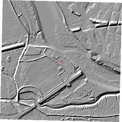 Shaded relief map of the ground around BN435LT, computed from Environment Agency LiDAR. The ground here sits at about 5 m above sea level and falls 11 m across the surrounding 800 m. Surface water reaching this point runs off ground lying to the west-north-west, 2.4 m higher.