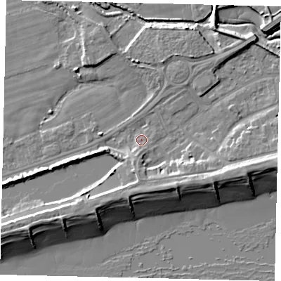 Shaded relief map of the ground around BN435LU, computed from Environment Agency LiDAR. The ground here sits at about 2 m above sea level and falls 10 m across the surrounding 800 m. Surface water reaching this point runs off ground lying to the south-south-east, 5.0 m higher.