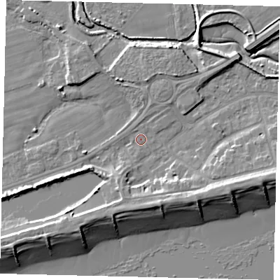 Shaded relief map of the ground around BN435LW, computed from Environment Agency LiDAR. The ground here sits at about 2 m above sea level and falls 10 m across the surrounding 800 m. Surface water reaching this point runs off ground lying to the south, 4.8 m higher.