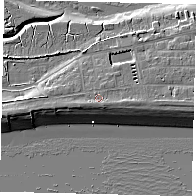 Shaded relief map of the ground around BN435LY, computed from Environment Agency LiDAR. The ground here sits at about 6 m above sea level and falls 10 m across the surrounding 800 m. Surface water reaching this point runs off ground lying to the south-south-west, 1.4 m higher.