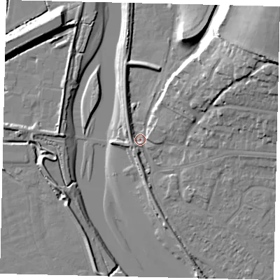 Shaded relief map of the ground around BN435NG, computed from Environment Agency LiDAR. The ground here sits at about 3 m above sea level and falls 33 m across the surrounding 800 m. Surface water reaching this point runs off ground lying to the north-east, 24.1 m higher.