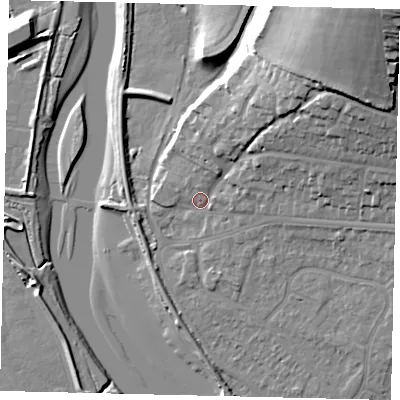 Shaded relief map of the ground around BN435NH, computed from Environment Agency LiDAR. The ground here sits at about 6 m above sea level and falls 39 m across the surrounding 800 m. Surface water reaching this point runs off ground lying to the north-east, 29.5 m higher.