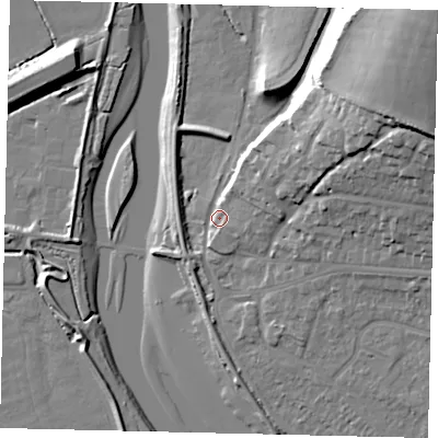 Shaded relief map of the ground around BN435NR, computed from Environment Agency LiDAR. The ground here sits at about 5 m above sea level and falls 39 m across the surrounding 800 m. Surface water reaching this point runs off ground lying to the north-east, 11.8 m higher.
