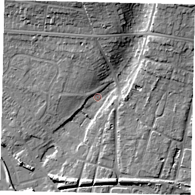 Shaded relief map of the ground around BN435NS, computed from Environment Agency LiDAR. The ground here sits at about 4 m above sea level and falls 17 m across the surrounding 800 m. Surface water reaching this point runs off ground lying to the north, 13.0 m higher.