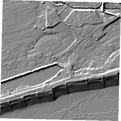 Shaded relief map of the ground around BN435NX, computed from Environment Agency LiDAR. The ground here sits at about 2 m above sea level and falls 10 m across the surrounding 800 m. Surface water reaching this point runs off ground lying to the south-east, 5.0 m higher.