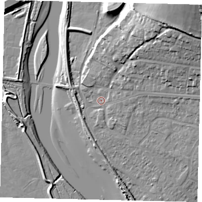 Shaded relief map of the ground around BN435NY, computed from Environment Agency LiDAR. The ground here sits at about 4 m above sea level and falls 33 m across the surrounding 800 m. Surface water reaching this point runs off ground lying to the north-east, 12.9 m higher.