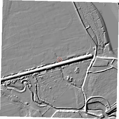 Shaded relief map of the ground around BN435PB, computed from Environment Agency LiDAR. The ground here sits at about 2 m above sea level and falls 8 m across the surrounding 800 m. Surface water reaching this point runs off ground lying to the east, 6.4 m higher.