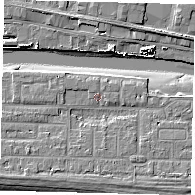 Shaded relief map of the ground around BN435QF, computed from Environment Agency LiDAR. The ground here sits at about 4 m above sea level and falls 13 m across the surrounding 800 m. Surface water reaching this point runs off ground lying to the south-west, 3.7 m higher.