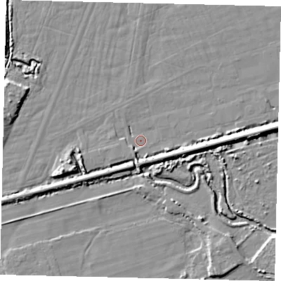 Shaded relief map of the ground around BN435QG, computed from Environment Agency LiDAR. The ground here sits at about 2 m above sea level and falls 6 m across the surrounding 800 m. Surface water reaching this point runs off ground lying to the east, 4.9 m higher.