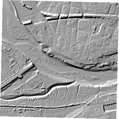 Shaded relief map of the ground around BN435QH, computed from Environment Agency LiDAR. The ground here sits at about 3 m above sea level and falls 12 m across the surrounding 800 m. Surface water reaching this point runs off ground lying to the north, 1.2 m higher.