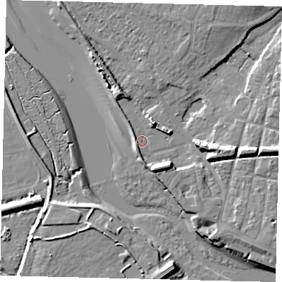 Shaded relief map of the ground around BN435QJ, computed from Environment Agency LiDAR. The ground here sits at about 3 m above sea level and falls 11 m across the surrounding 800 m. Surface water reaching this point runs off ground lying to the east, 8.4 m higher.