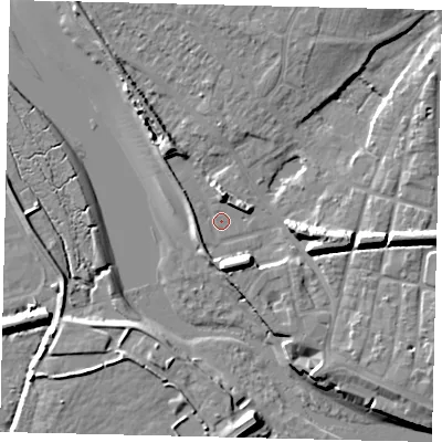 Shaded relief map of the ground around BN435QL, computed from Environment Agency LiDAR. The ground here sits at about 3 m above sea level and falls 11 m across the surrounding 800 m. Surface water reaching this point runs off ground lying to the east, 8.4 m higher.