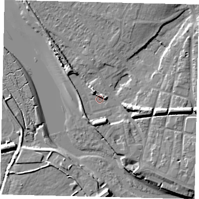 Shaded relief map of the ground around BN435QN, computed from Environment Agency LiDAR. The ground here sits at about 3 m above sea level and falls 11 m across the surrounding 800 m. Surface water reaching this point runs off ground lying to the east-south-east, 8.4 m higher.