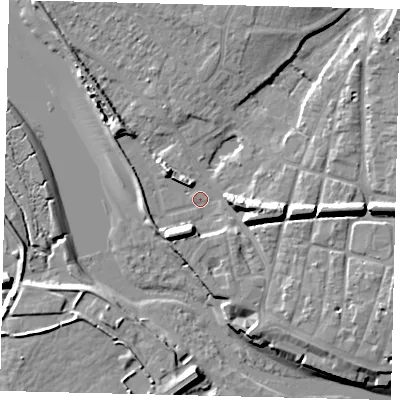 Shaded relief map of the ground around BN435QP, computed from Environment Agency LiDAR. The ground here sits at about 3 m above sea level and falls 11 m across the surrounding 800 m. Surface water reaching this point runs off ground lying to the east, 8.3 m higher.