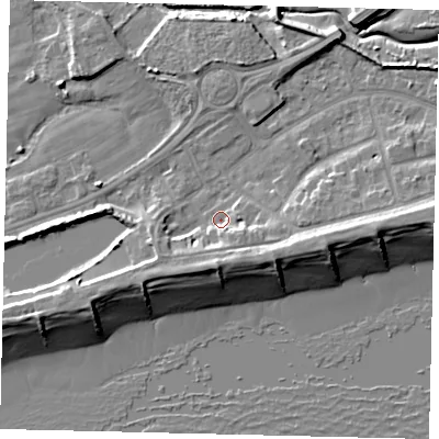 Shaded relief map of the ground around BN435QU, computed from Environment Agency LiDAR. The ground here sits at about 2 m above sea level and falls 10 m across the surrounding 800 m. Surface water reaching this point runs off ground lying to the south-south-west, 3.2 m higher.