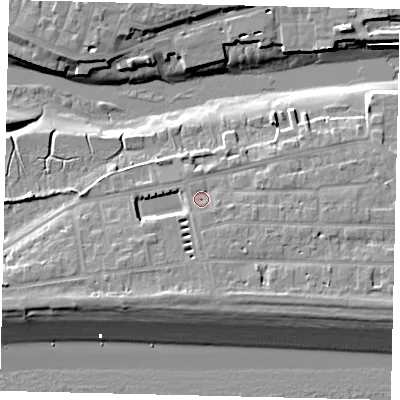 Shaded relief map of the ground around BN435RA, computed from Environment Agency LiDAR. The ground here sits at about 5 m above sea level and falls 10 m across the surrounding 800 m. Surface water reaching this point runs off ground lying to the south-east, 1.7 m higher.