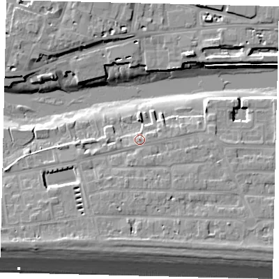 Shaded relief map of the ground around BN435RB, computed from Environment Agency LiDAR. The ground here sits at about 5 m above sea level and falls 10 m across the surrounding 800 m. Surface water reaching this point runs off ground lying to the south-south-east, 1.1 m higher.