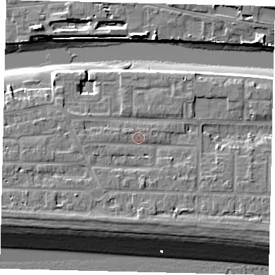 Shaded relief map of the ground around BN435RD, computed from Environment Agency LiDAR. The ground here sits at about 5 m above sea level and falls 12 m across the surrounding 800 m. Surface water reaching this point runs off ground lying to the west-south-west, 1.1 m higher.