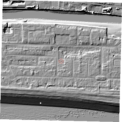 Shaded relief map of the ground around BN435RE, computed from Environment Agency LiDAR. The ground here sits at about 5 m above sea level and falls 13 m across the surrounding 800 m. Surface water reaching this point runs off ground lying to the south, 2.0 m higher.