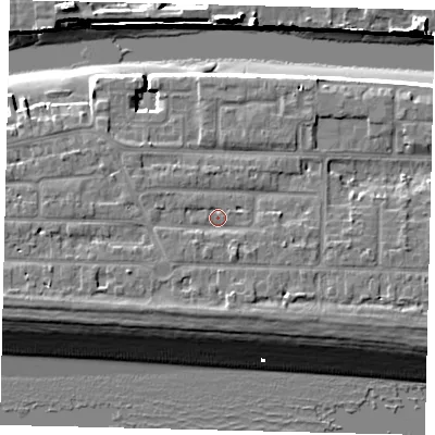 Shaded relief map of the ground around BN435RF, computed from Environment Agency LiDAR. The ground here sits at about 5 m above sea level and falls 12 m across the surrounding 800 m. Surface water reaching this point runs off ground lying to the south-south-east, 2.2 m higher.