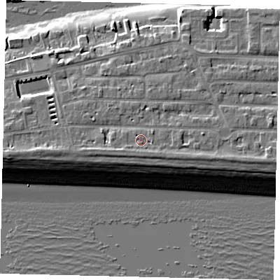 Shaded relief map of the ground around BN435RJ, computed from Environment Agency LiDAR. The ground here sits at about 6 m above sea level and falls 10 m across the surrounding 800 m. Surface water reaching this point runs off ground lying to the west-south-west, 1.2 m higher.