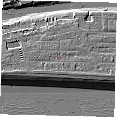 Shaded relief map of the ground around BN435RL, computed from Environment Agency LiDAR. The ground here sits at about 5 m above sea level and falls 10 m across the surrounding 800 m. Surface water reaching this point runs off ground lying to the south-west, 2.1 m higher.