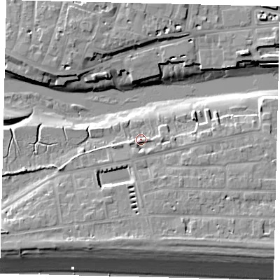 Shaded relief map of the ground around BN435RR, computed from Environment Agency LiDAR. The ground here sits at about 4 m above sea level and falls 10 m across the surrounding 800 m. Surface water reaching this point runs off ground lying to the south, 2.3 m higher.