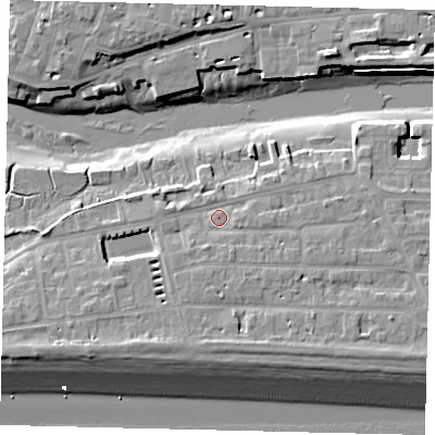 Shaded relief map of the ground around BN435RT, computed from Environment Agency LiDAR. The ground here sits at about 4 m above sea level and falls 10 m across the surrounding 800 m. Surface water reaching this point runs off ground lying to the south, 2.2 m higher.