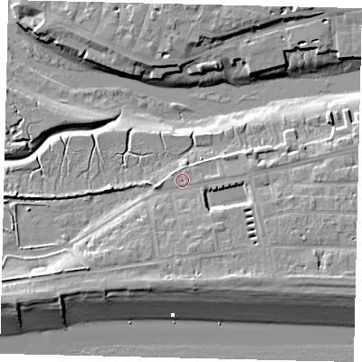 Shaded relief map of the ground around BN435RU, computed from Environment Agency LiDAR. The ground here sits at about 4 m above sea level and falls 10 m across the surrounding 800 m. Surface water reaching this point runs off ground lying to the south-south-east, 4.7 m higher.