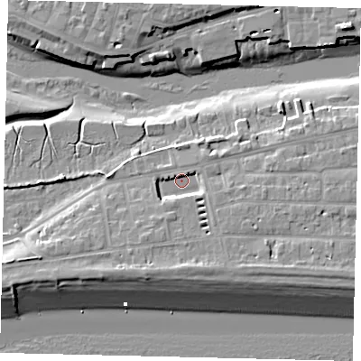 Shaded relief map of the ground around BN435RW, computed from Environment Agency LiDAR. The ground here sits at about 3 m above sea level and falls 10 m across the surrounding 800 m. Surface water reaching this point runs off ground lying to the south, 4.7 m higher.