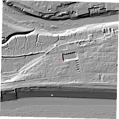 Shaded relief map of the ground around BN435RX, computed from Environment Agency LiDAR. The ground here sits at about 5 m above sea level and falls 10 m across the surrounding 800 m. Surface water reaching this point runs off ground lying to the south-east, 4.7 m higher.