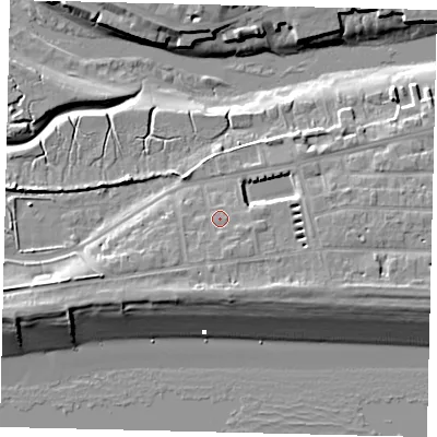 Shaded relief map of the ground around BN435RY, computed from Environment Agency LiDAR. The ground here sits at about 5 m above sea level and falls 10 m across the surrounding 800 m. Surface water reaching this point runs off ground lying to the south-south-east, 1.6 m higher.