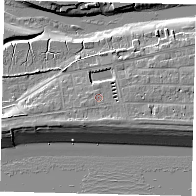Shaded relief map of the ground around BN435RZ, computed from Environment Agency LiDAR. The ground here sits at about 6 m above sea level and falls 10 m across the surrounding 800 m. Surface water reaching this point runs off ground lying to the south-south-east, 1.8 m higher.