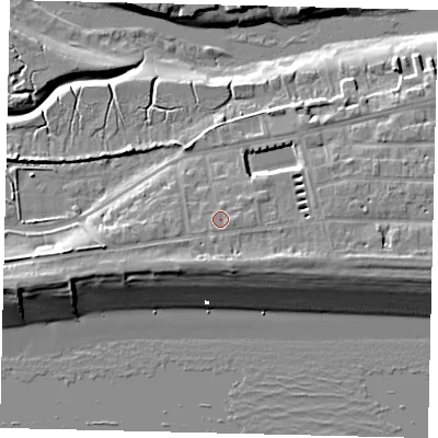 Shaded relief map of the ground around BN435SA, computed from Environment Agency LiDAR. The ground here sits at about 5 m above sea level and falls 10 m across the surrounding 800 m. Surface water reaching this point runs off ground lying to the east, 0.7 m higher.