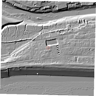 Shaded relief map of the ground around BN435SB, computed from Environment Agency LiDAR. The ground here sits at about 6 m above sea level and falls 10 m across the surrounding 800 m. Surface water reaching this point runs off ground lying to the south-south-east, 4.6 m higher.