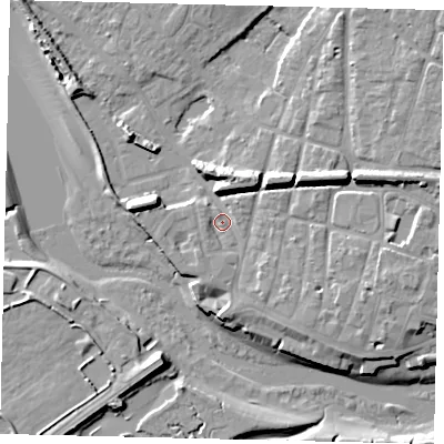 Shaded relief map of the ground around BN435TA, computed from Environment Agency LiDAR. The ground here sits at about 4 m above sea level and falls 12 m across the surrounding 800 m. Surface water reaching this point runs off ground lying to the south, 2.8 m higher.