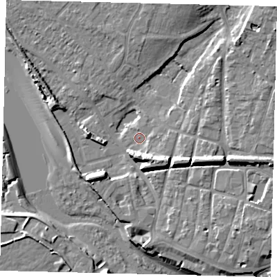 Shaded relief map of the ground around BN435TB, computed from Environment Agency LiDAR. The ground here sits at about 3 m above sea level and falls 12 m across the surrounding 800 m. Surface water reaching this point runs off ground lying to the north-east, 8.8 m higher.