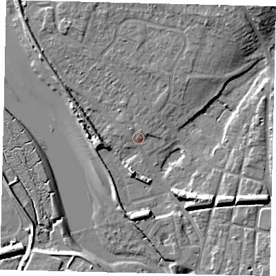 Shaded relief map of the ground around BN435TD, computed from Environment Agency LiDAR. The ground here sits at about 4 m above sea level and falls 13 m across the surrounding 800 m. Surface water reaching this point runs off ground lying to the north-north-east, 9.0 m higher.