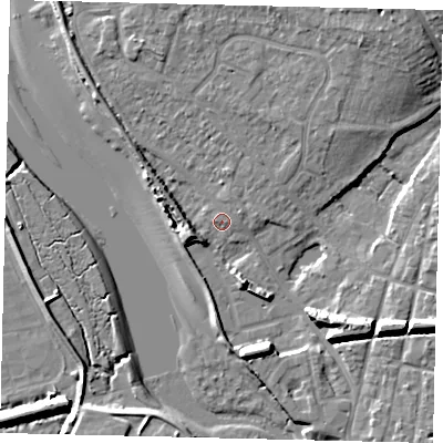 Shaded relief map of the ground around BN435TF, computed from Environment Agency LiDAR. The ground here sits at about 4 m above sea level and falls 13 m across the surrounding 800 m. Surface water reaching this point runs off ground lying to the north-east, 10.3 m higher.