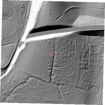 Shaded relief map of the ground around BN435TG, computed from Environment Agency LiDAR. The ground here sits at about 40 m above sea level and falls 51 m across the surrounding 800 m. Surface water reaching this point runs off ground lying to the north, 10.2 m higher.