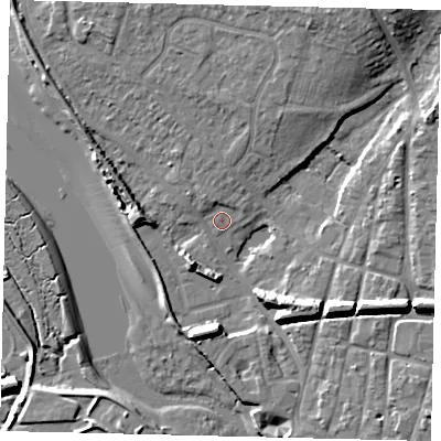 Shaded relief map of the ground around BN435TQ, computed from Environment Agency LiDAR. The ground here sits at about 3 m above sea level and falls 12 m across the surrounding 800 m. Surface water reaching this point runs off ground lying to the south-west, 3.7 m higher.