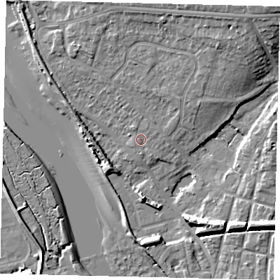 Shaded relief map of the ground around BN435UT, computed from Environment Agency LiDAR. The ground here sits at about 4 m above sea level and falls 14 m across the surrounding 800 m. Surface water reaching this point runs off ground lying to the north-east, 10.4 m higher.