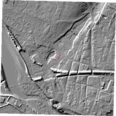 Shaded relief map of the ground around BN435WH, computed from Environment Agency LiDAR. The ground here sits at about 3 m above sea level and falls 13 m across the surrounding 800 m. Surface water reaching this point runs off ground lying to the north-east, 9.2 m higher.