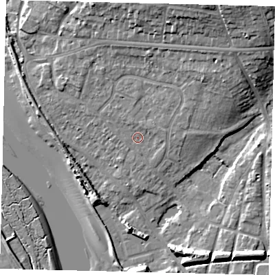 Shaded relief map of the ground around BN435WJ, computed from Environment Agency LiDAR. The ground here sits at about 5 m above sea level and falls 17 m across the surrounding 800 m. Surface water reaching this point runs off ground lying to the north-north-east, 1.2 m higher.