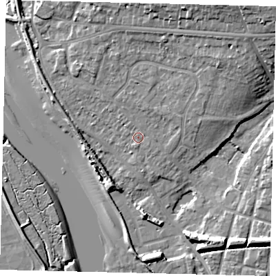 Shaded relief map of the ground around BN435WL, computed from Environment Agency LiDAR. The ground here sits at about 4 m above sea level and falls 16 m across the surrounding 800 m. Surface water reaching this point runs off ground lying to the north-east, 10.9 m higher.