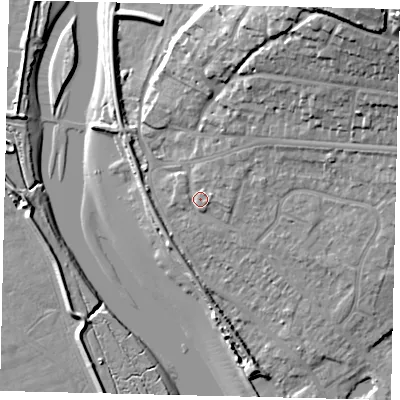 Shaded relief map of the ground around BN435WP, computed from Environment Agency LiDAR. The ground here sits at about 5 m above sea level and falls 27 m across the surrounding 800 m. Surface water reaching this point runs off ground lying to the north-east, 2.7 m higher.