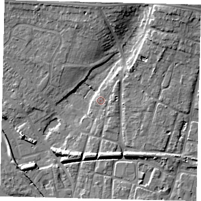 Shaded relief map of the ground around BN435WR, computed from Environment Agency LiDAR. The ground here sits at about 5 m above sea level and falls 15 m across the surrounding 800 m. Surface water reaching this point runs off ground lying to the north-east, 2.3 m higher.