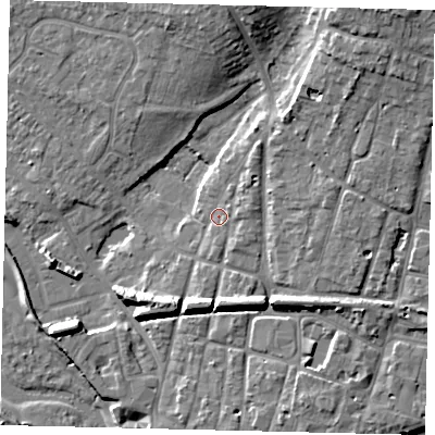 Shaded relief map of the ground around BN435WS, computed from Environment Agency LiDAR. The ground here sits at about 5 m above sea level and falls 14 m across the surrounding 800 m. Surface water reaching this point runs off ground lying to the north-north-east, 3.0 m higher.
