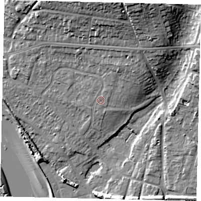 Shaded relief map of the ground around BN435XL, computed from Environment Agency LiDAR. The ground here sits at about 7 m above sea level and falls 20 m across the surrounding 800 m. Surface water reaching this point runs off ground lying to the north-north-east, 4.5 m higher.